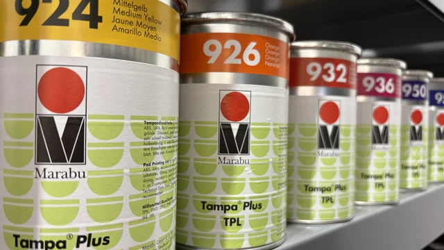 Close-up of Marabu TPL pad printing ink, a high-quality, versatile ink solution for industrial, promotional, and toy marking applications, distributed by Automark.