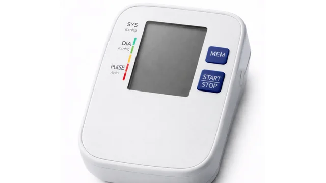 Pad printing for electronics and consumer device components showing a white medical blood pressure monitor with clear pad-printed labels for SYS, DIA, PULSE, and control buttons, demonstrating precision industrial printing for medical devices by Automark