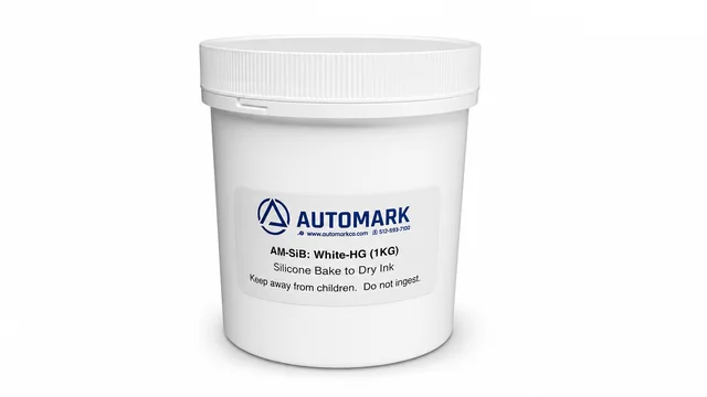AM-SiB White-HG (1KG) silicone bake-to-dry ink, a heat-cured pad printing ink for durable and flexible marking, available from Automark.